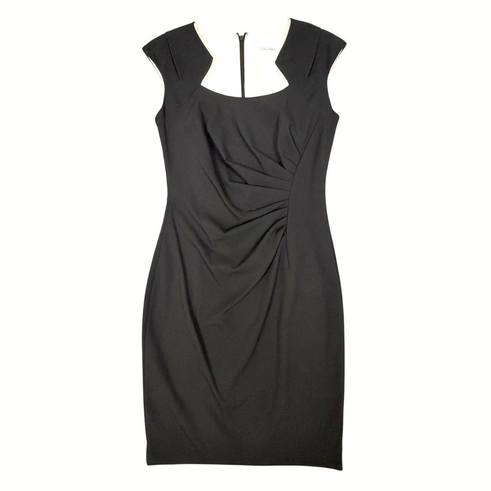 Calvin Klein Womens Black Ruched Sheath Dress Cap Sleeve Square Neck Size 4